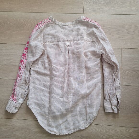 J. Crew Top XS Beige Striped Pink Embroidered Linen Boho Pullover Shirt - Picture 6 of 11